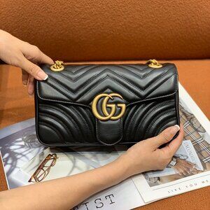 Gucci Black Leather GG Marmont Bag with Gold Chain
